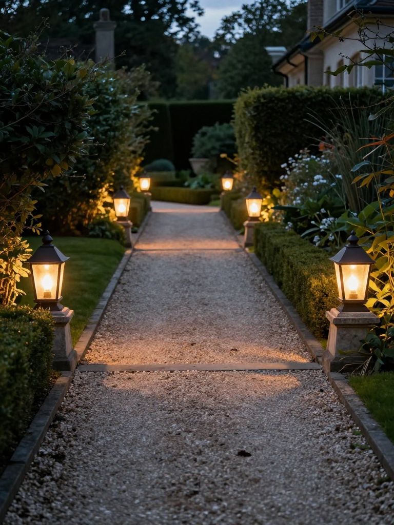 A classic gravel narrow driveway illuminated by traditional lantern-style lighting in a timeless landscape design.