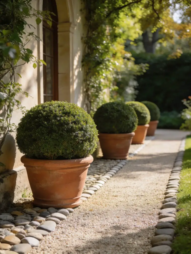 A classic garden gravel path accented with terracotta pots and sculpted topiary in a traditional European style.