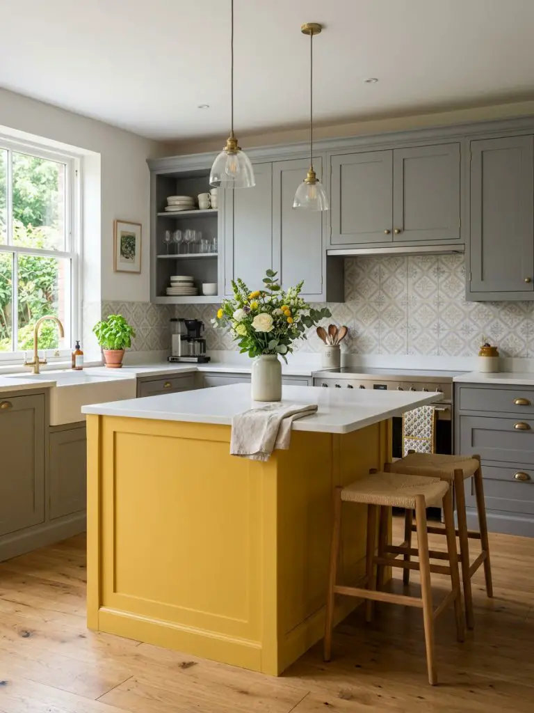 A classic modern kitchen featuring a bold yellow kitchen island contrasted against muted gray cabinetry.