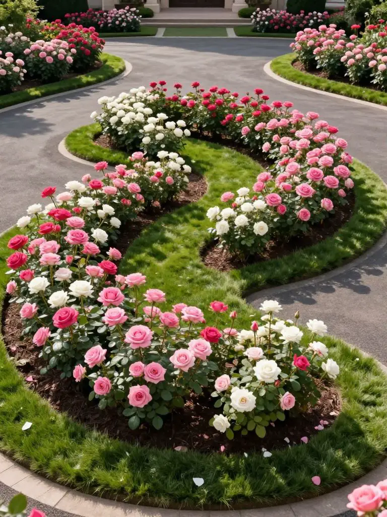 A grand circular driveway island filled with blooming roses in a classic estate-style landscape.