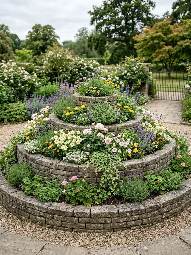 A circular layered flower bed built with stacked stone bricks, forming tiered rings filled with delicate flowers and greenery.