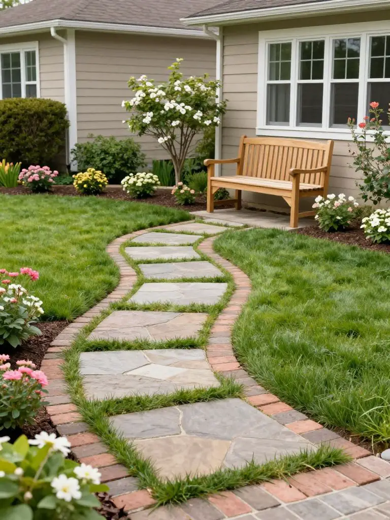 A classic suburban side yard landscaping design featuring a gently curving stepping stone path cutting through a vibrant green lawn.