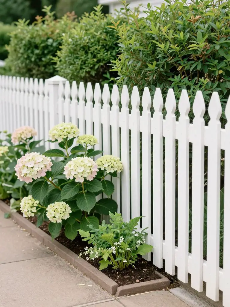 A romantic garden wedding-style fence line featuring a classic white picket fence paired with lush green shrubs and soft blooming flowers.