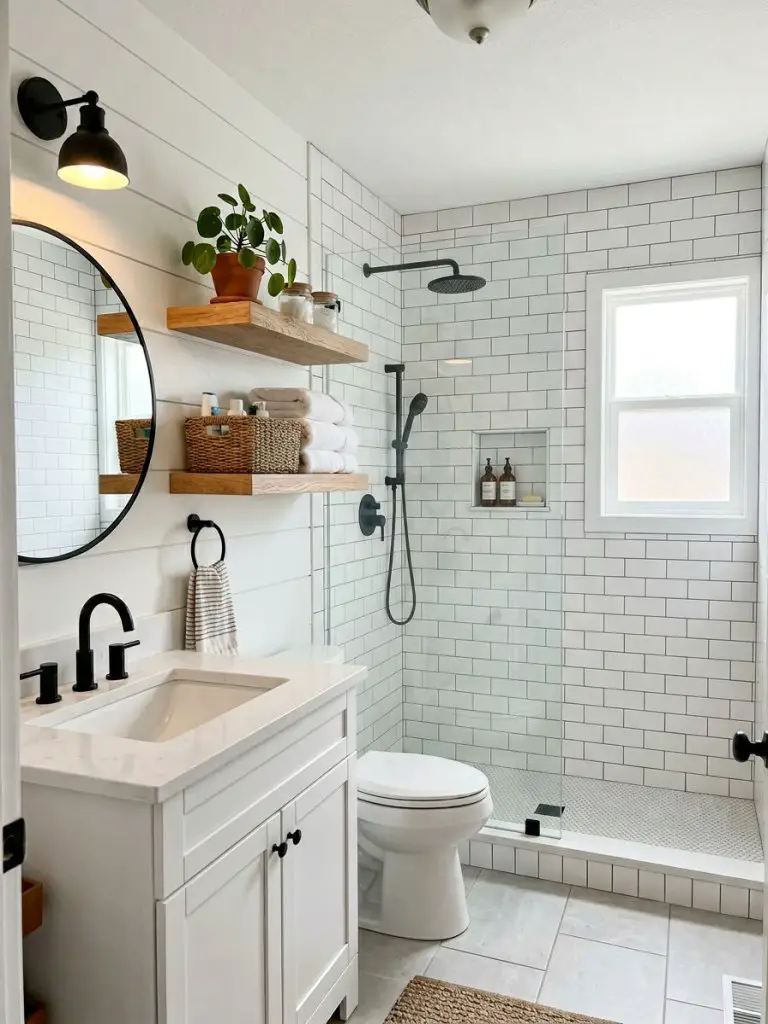 A small bathroom designed in a classic modern farmhouse style, featuring white subway tiles covering the shower walls as the main focal elem.