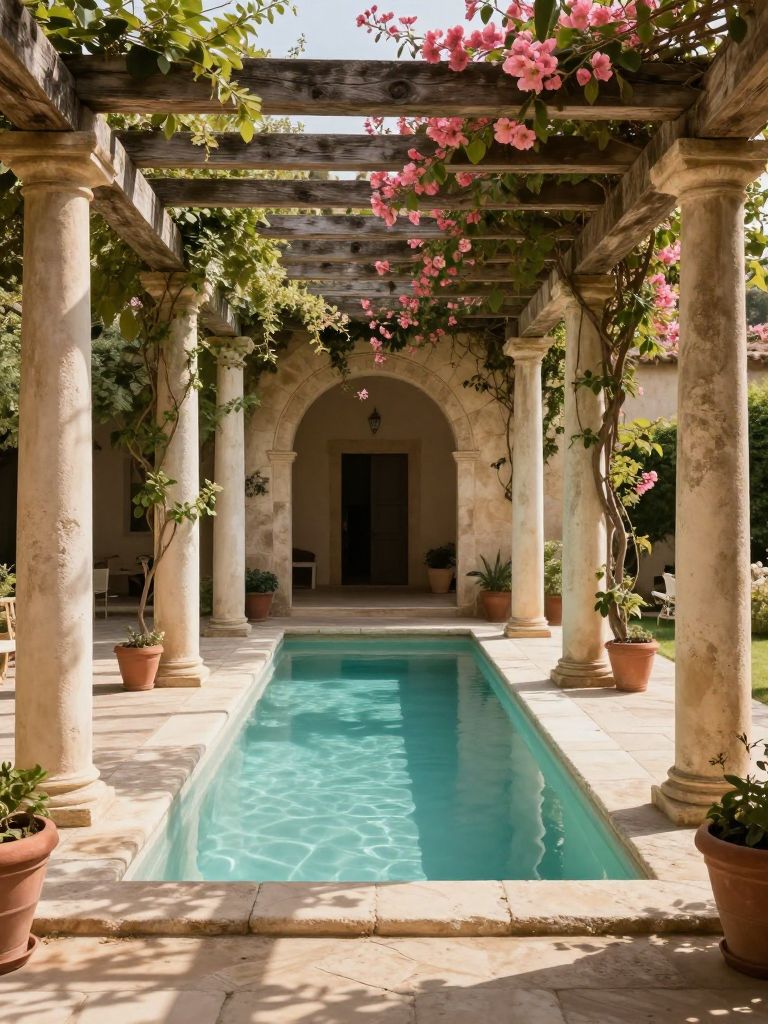 A classical Mediterranean pool beneath a stone pergola supported by aged columns, draped in climbing greenery and pink blossoms.