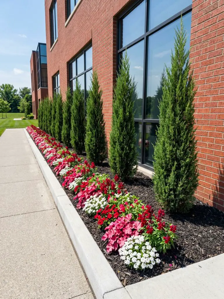 A clean and structured foundation flower bed along a red brick exterior, styled in a modern minimalist garden aesthetic.
