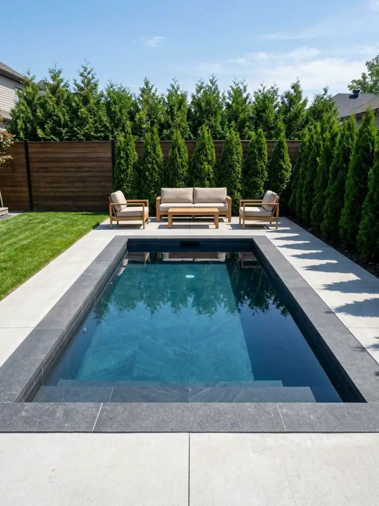 A clean modern backyard pool designed in minimalist style, featuring a compact rectangular pool with sharp edges and dark stone coping.