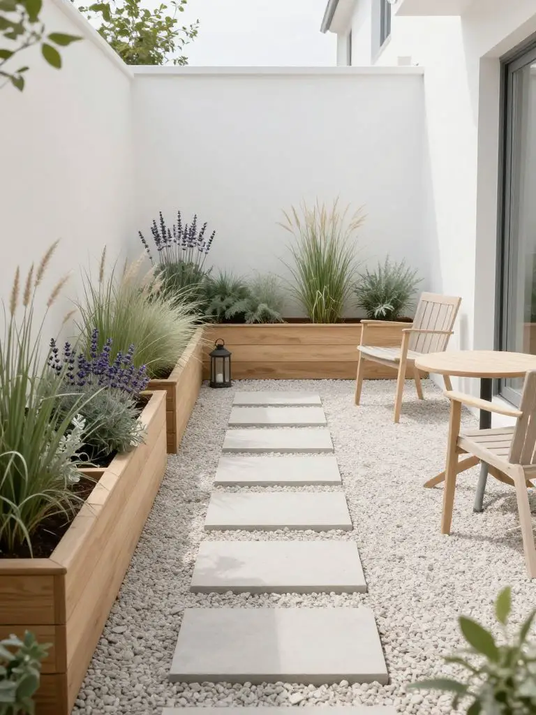 A clean Scandinavian-inspired side yard with a minimalist gravel base and evenly spaced square concrete stepping stones forming a straight p.