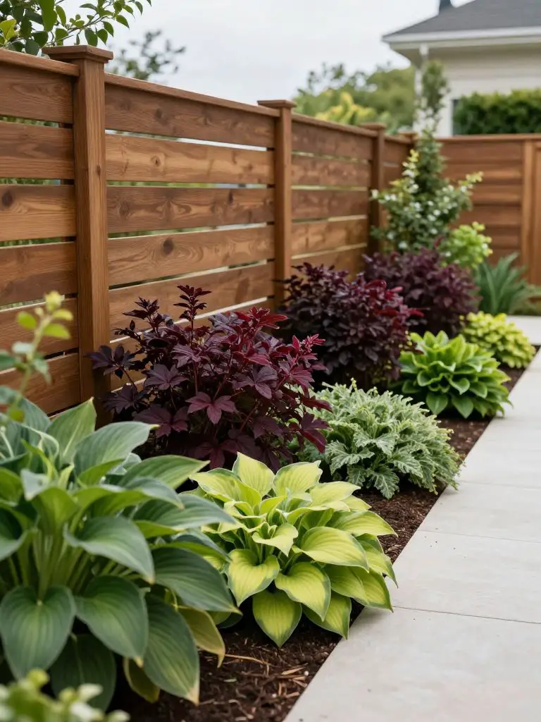 A romantic garden wedding-style backyard scene featuring a structured fence line with layered greenery and clean landscaping.