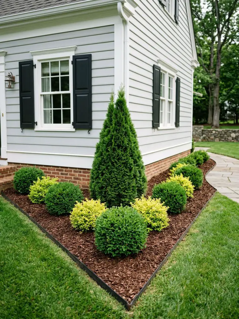 A structured corner garden bed with a clean landscaping design, featuring neatly trimmed shrubs in varying sizes and shapes arranged symmetr.