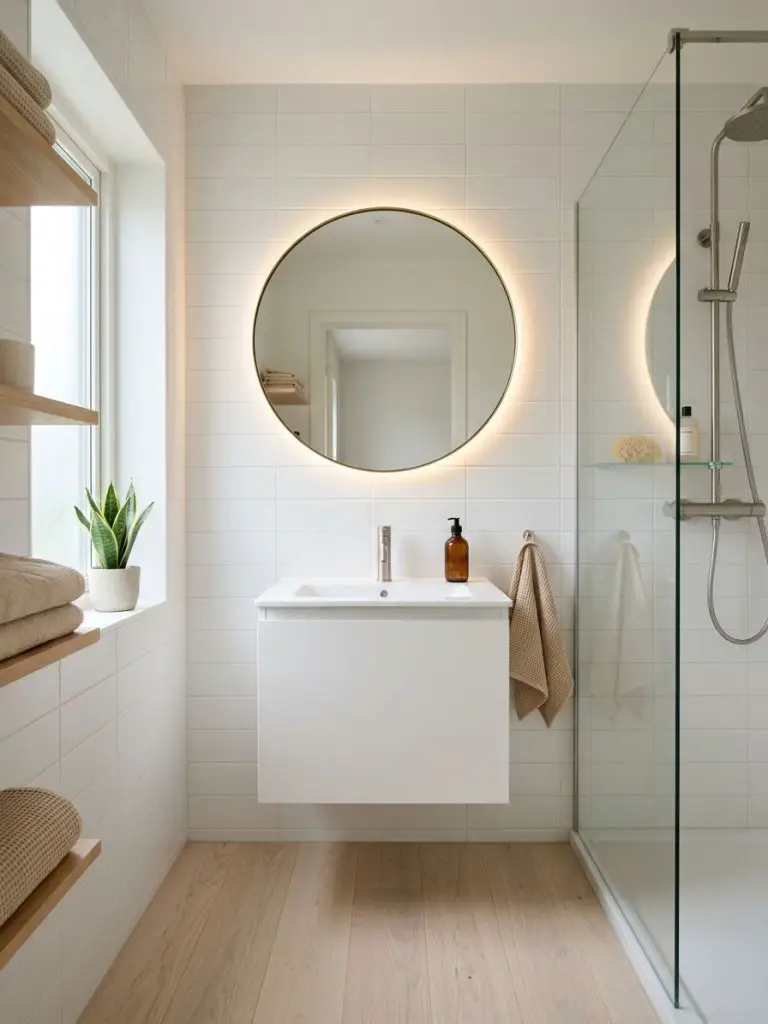 A bright tiny bathroom in a Scandinavian minimalist style, centered around a floating white vanity with a round backlit mirror as the focal.