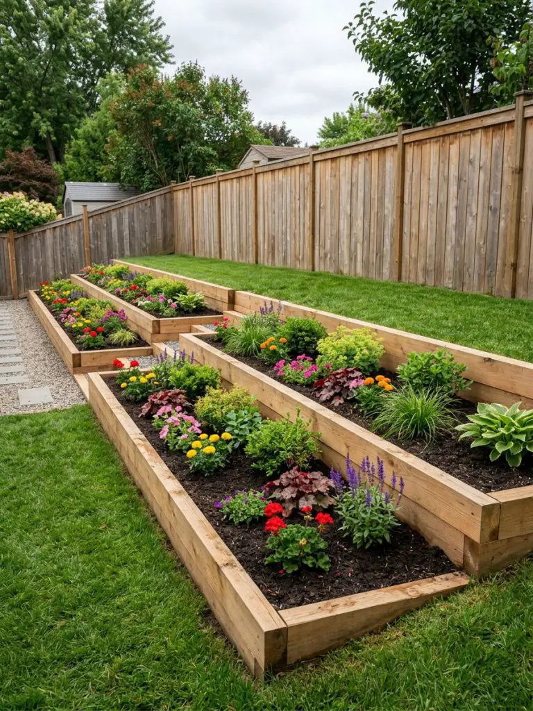 A clean backyard slope with neatly constructed wooden retaining beds running parallel along a fence line in a modern rustic minimalist style.
