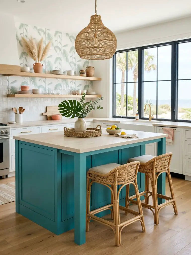 A coastal boho kitchen featuring a teal kitchen island paired with woven rattan bar stools, centered in a bright open space.