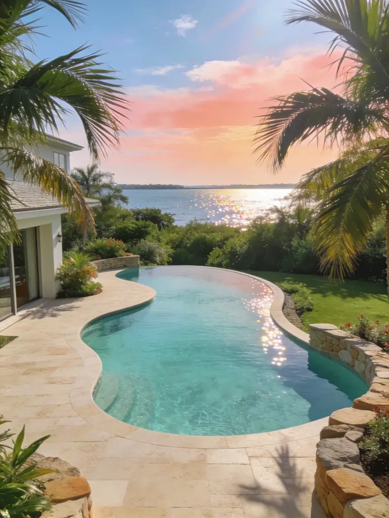 A coastal-inspired luxury pool backyard with a freeform design overlooking lush greenery and distant water views, styled in Coastal Contempo.