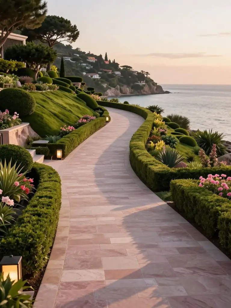 A luxury coastal sloped driveway landscaping scene with manicured hedges and sweeping views.
