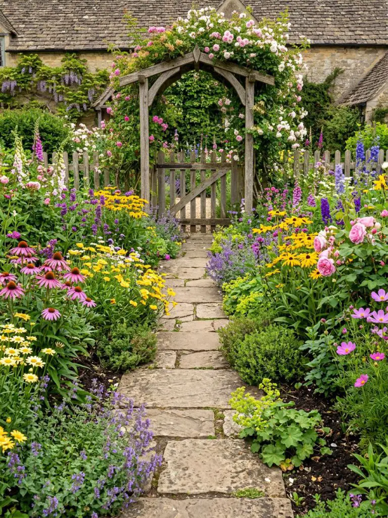 A vibrant cottage garden pathway designed in colorful English cottage style, featuring a stone walkway leading through densely planted flowe.