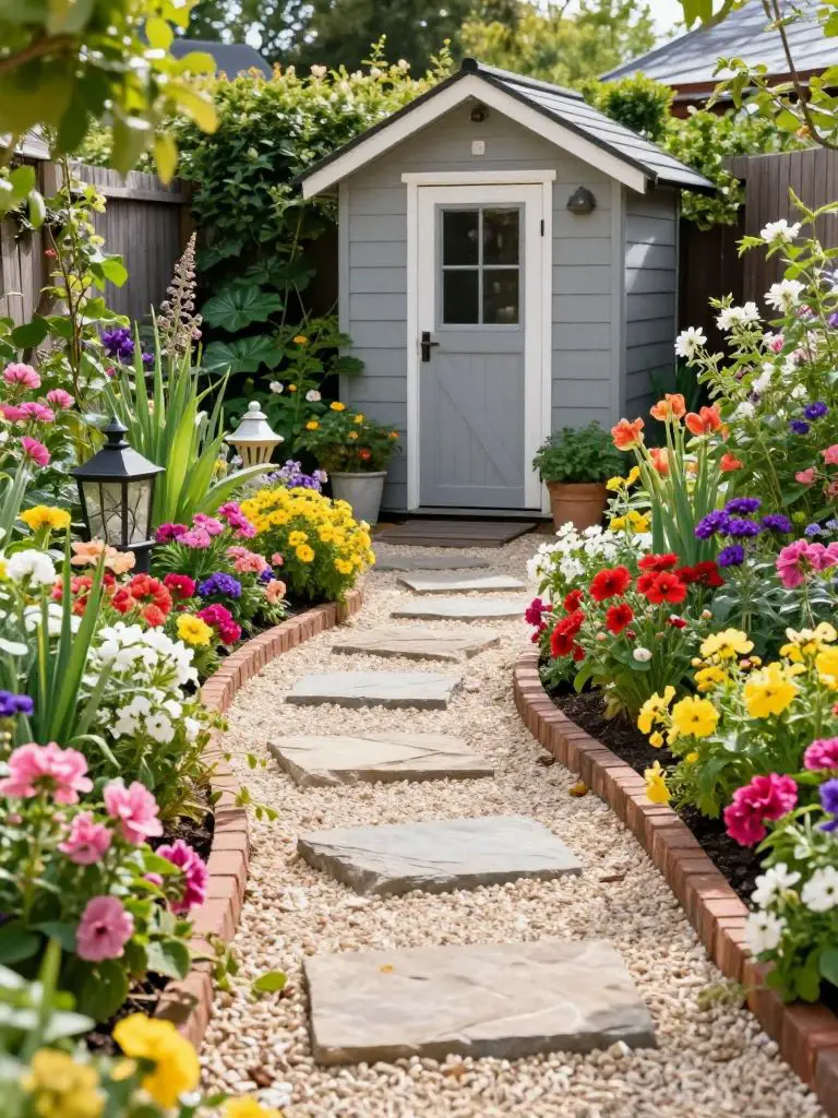A vibrant cottage-style side yard bursting with colorful flowers lining a curved stepping stone path made of natural stone slabs set in ligh.