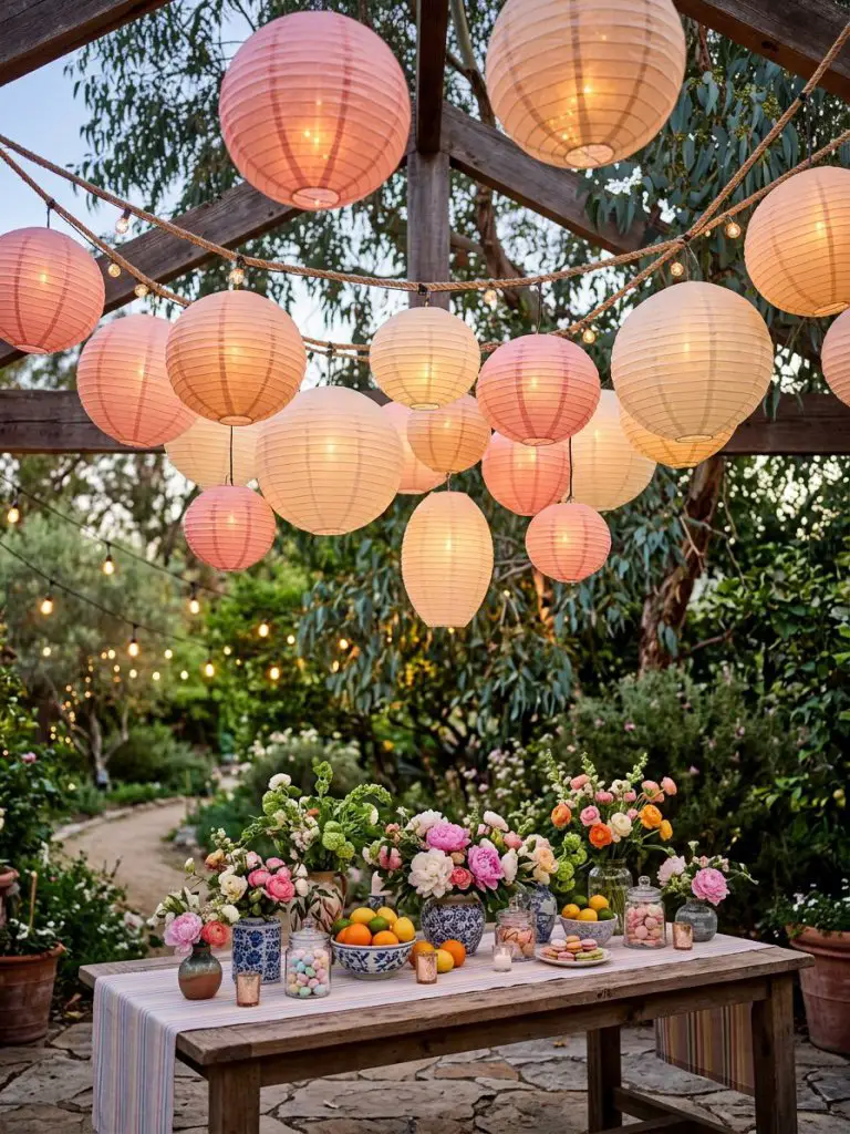 A vibrant garden party lighting setup in a playful eclectic style, showcasing hanging paper lanterns in soft pink, peach, and warm ivory ton.
