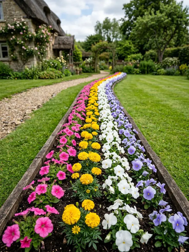 A long, narrow flower bed filled with vibrant seasonal blooms arranged in neat rows, styled in a modern cottage garden aesthetic.