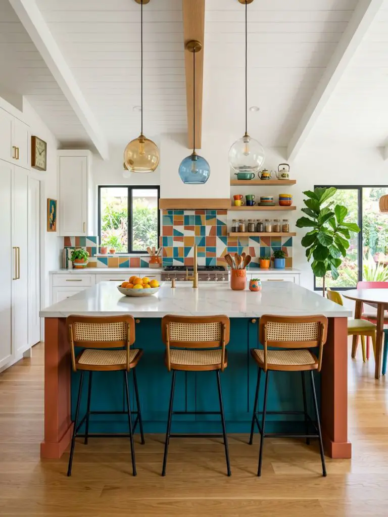 A vibrant open concept kitchen designed with a bold and playful color palette, blending modern style with eclectic charm.