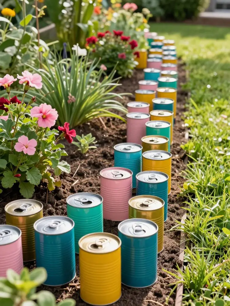 A vibrant garden bed edged with neatly arranged painted metal cans forming a colorful border in a playful modern rustic garden design.