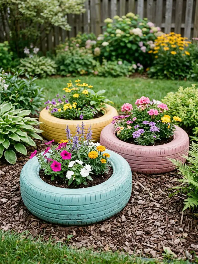 A playful outdoor garden scene featuring repurposed tire flower beds painted in soft pastel tones like muted turquoise, dusty pink, and warm.