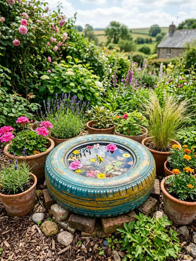 A vibrant garden corner showcasing an upcycled tire bird bath transformed into a colorful focal feature, styled with a playful rustic DIY ae.