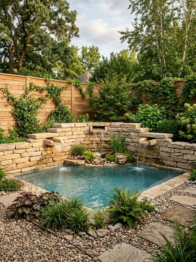 A compact backyard rock pool with layered stone walls designed in a structured modern rustic style.