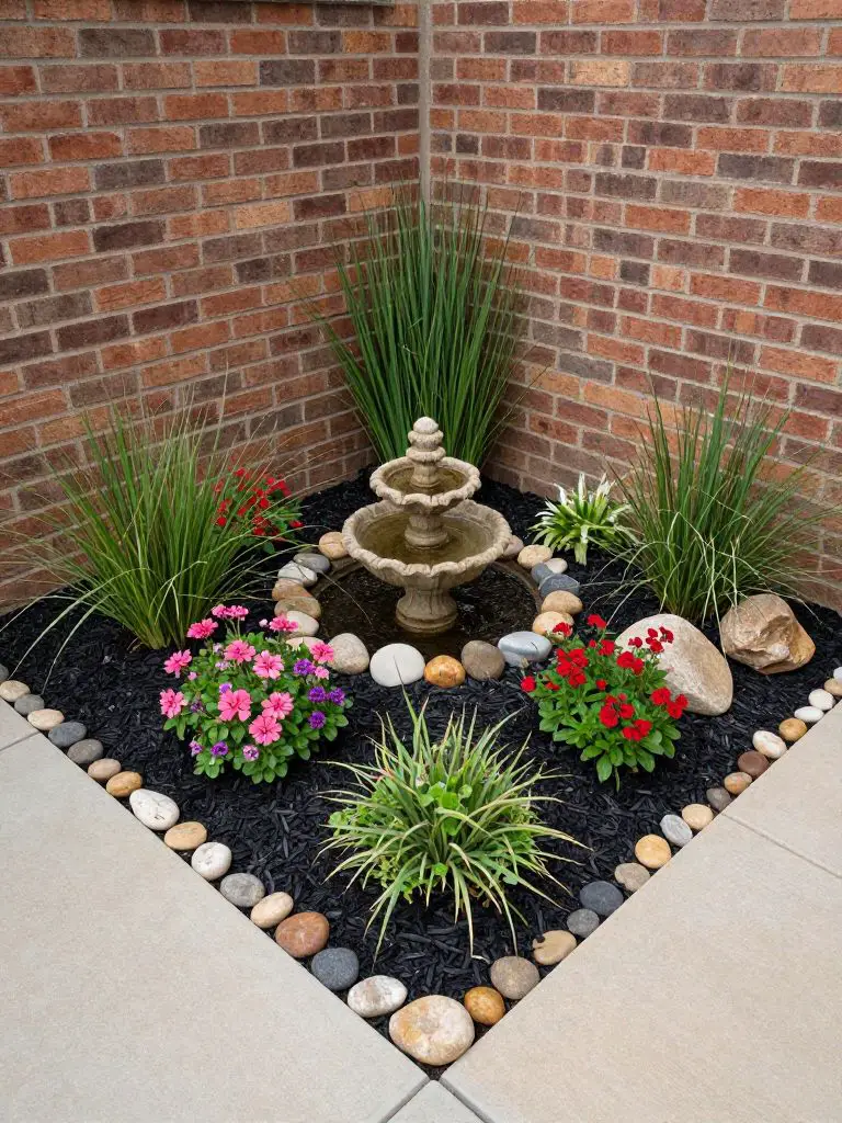 A compact corner flower bed designed in a warm minimalist garden style with modern rustic touches, nestled against a brick exterior wall.