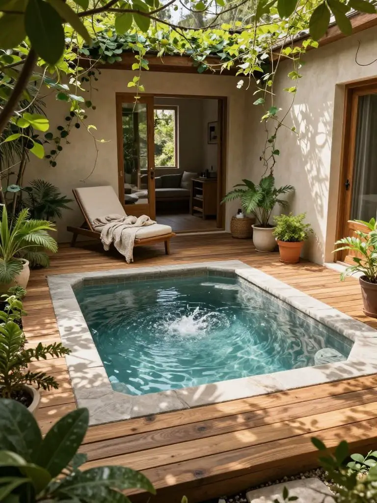 A compact garden deck spa pool integrated into a small outdoor living space with a cozy modern rustic aesthetic.