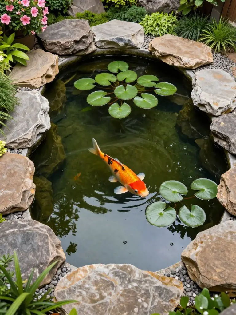 A compact koi pond designed in a natural garden style, featuring irregular stone edging and floating lily pads.