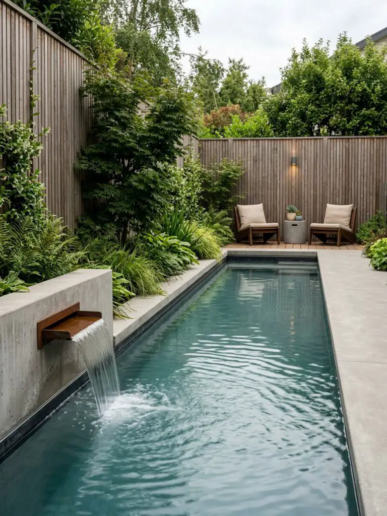 A compact backyard lap pool with a built-in water feature and privacy fencing, designed in a modern rustic minimalist style.