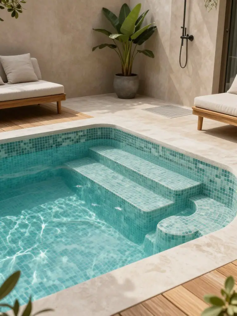 A compact spa-style backyard pool with a tiled interior and integrated steps, paired with an outdoor shower and lounge area.