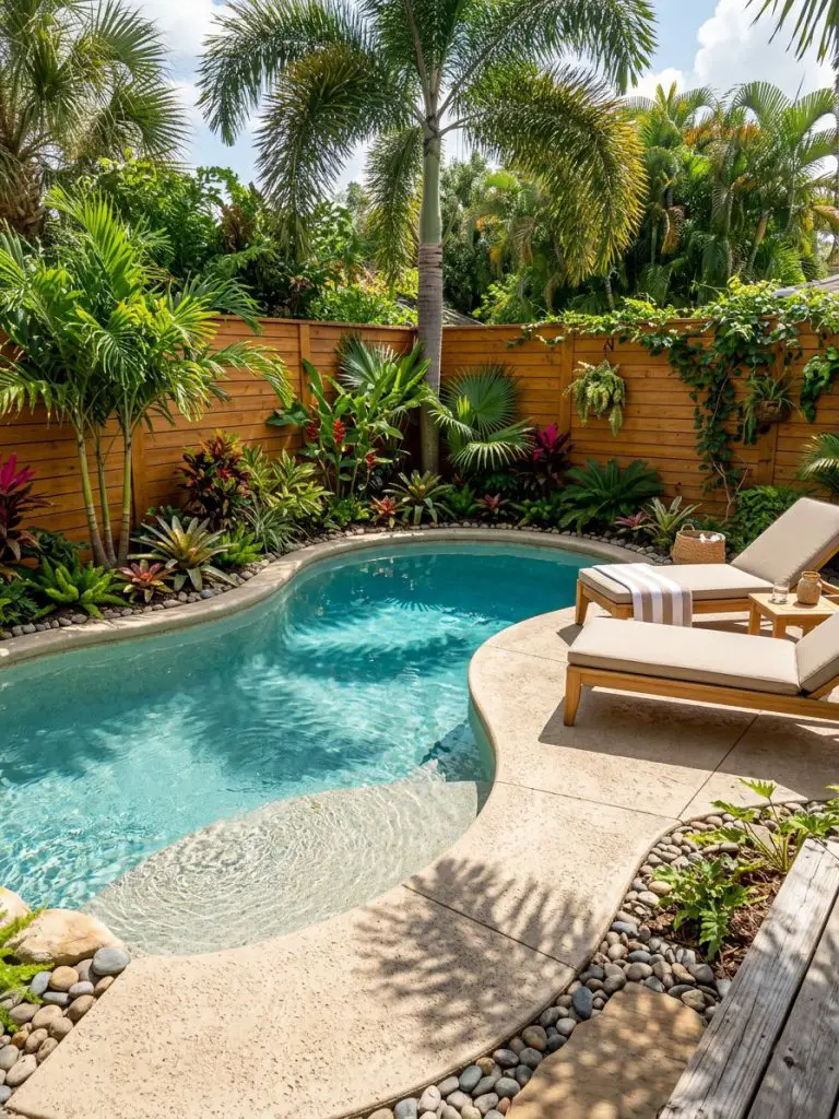 A compact tropical beach pool backyard designed for smaller spaces, featuring a curved lagoon pool bordered by a warm wood privacy fence and.
