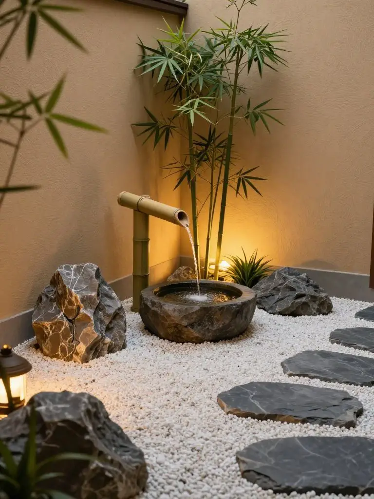 A compact Japanese Zen garden corner designed with a bamboo water feature and subtle garden lighting for a modern rustic ambiance.