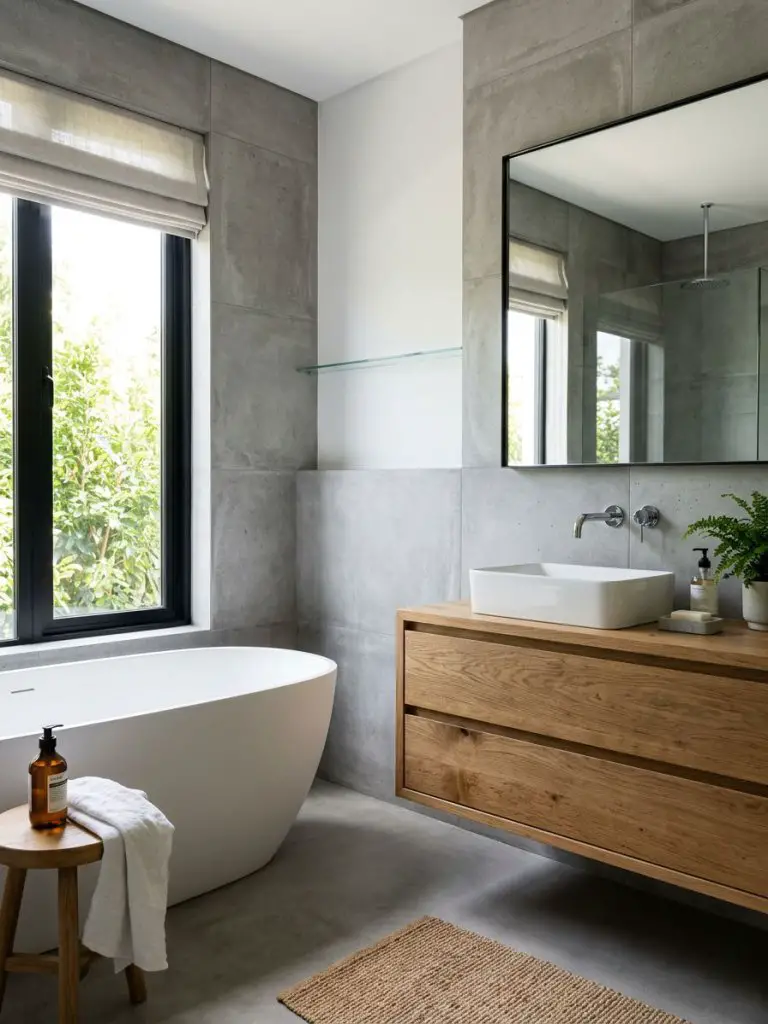 A modern minimalist small bathroom with a freestanding tub and floating vanity, blending concrete and wood elements.