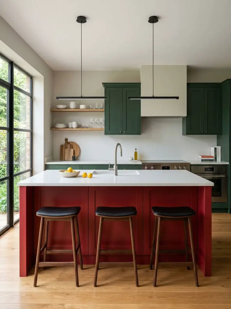 A contemporary kitchen featuring a bold red kitchen island with clean panel lines, contrasted against deep green cabinetry and neutral walls.