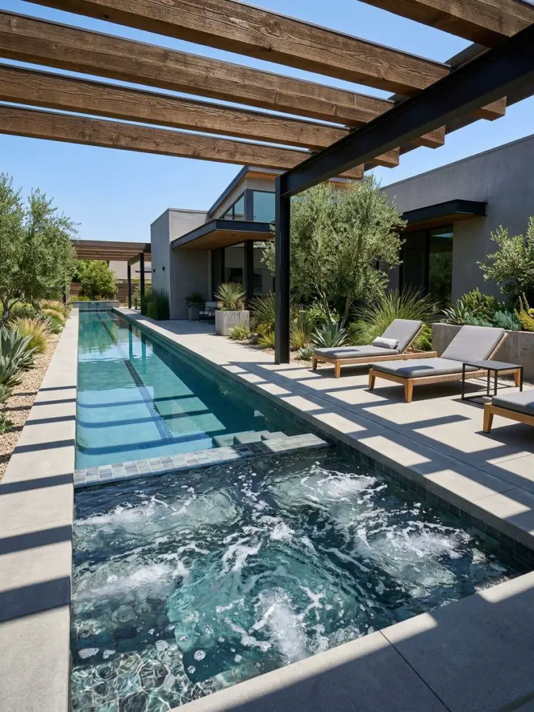 A contemporary backyard lap pool with an integrated spa section, designed in a modern rustic style with architectural elements.