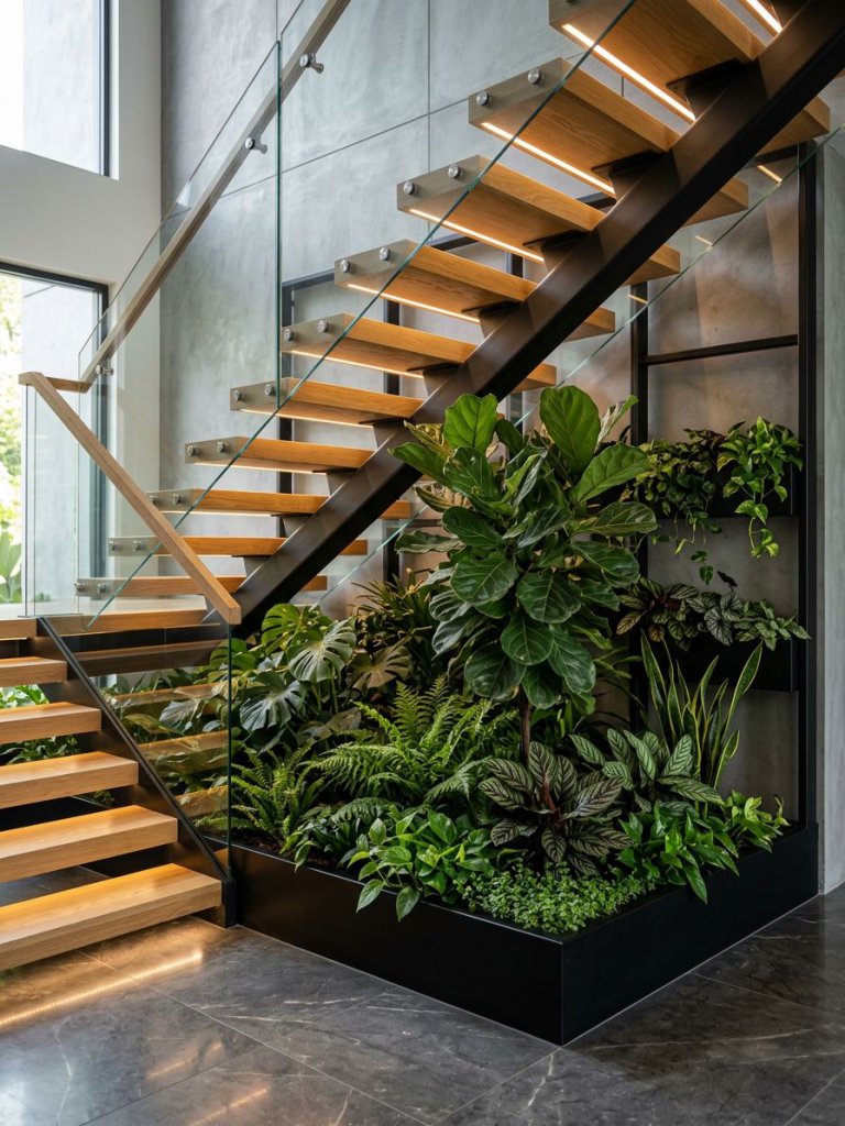 A contemporary indoor garden beneath a glass staircase featuring layered lighting and structured plant arrangements.
