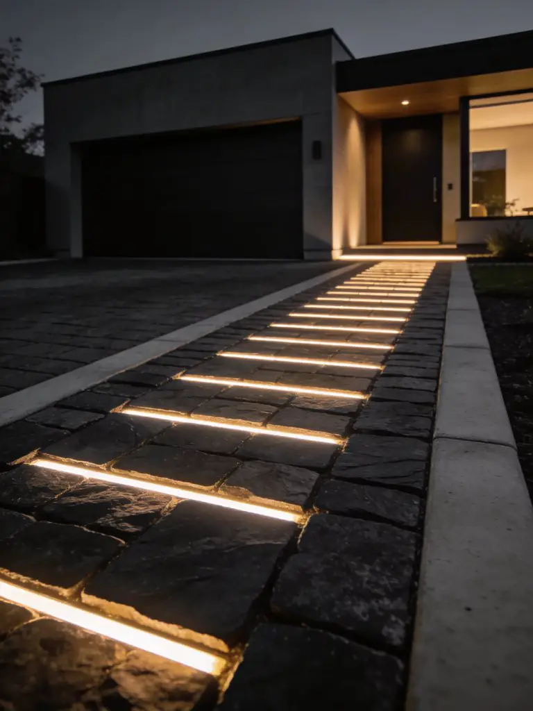 A contemporary luxury driveway at night featuring integrated LED lighting within a modern paver surface.