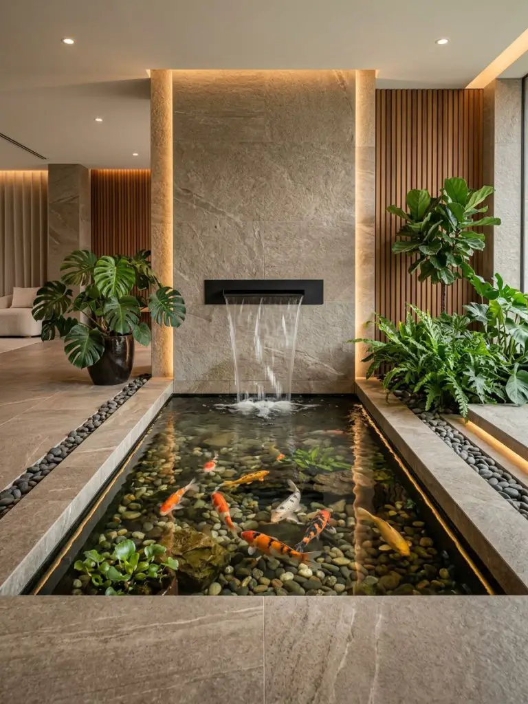 A sleek contemporary indoor fish pond with a built-in waterfall feature wall, designed in a modern spa-like aesthetic.