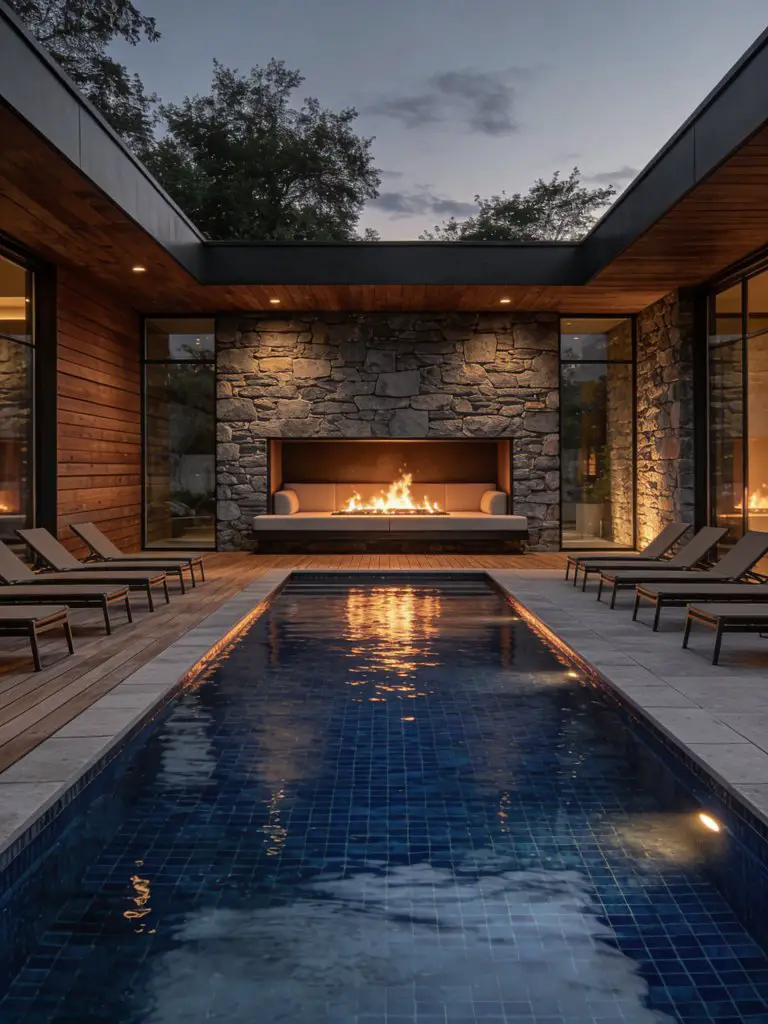 A contemporary luxury pool backyard featuring a sharp infinity edge design paired with a modern fire feature lounge, styled in Modern Rustic.