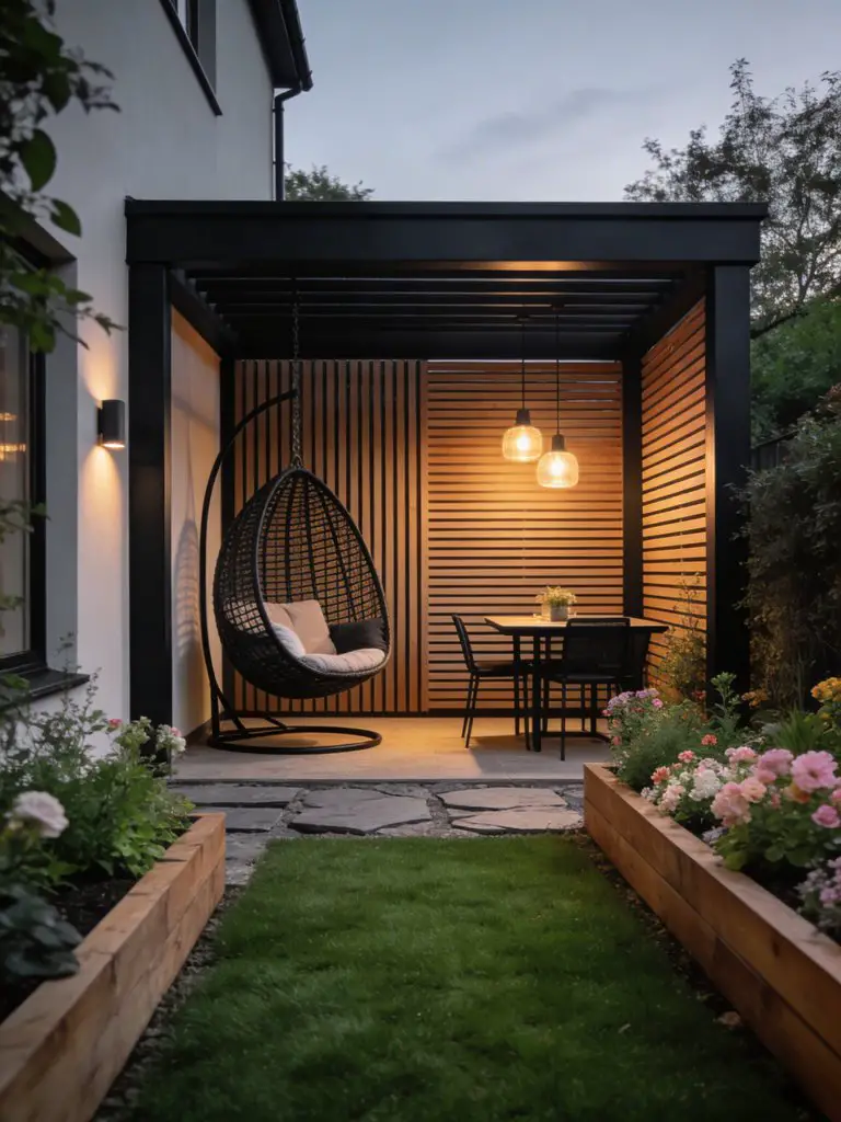 A contemporary small square garden featuring a sleek pergola lounge area with structured planting.