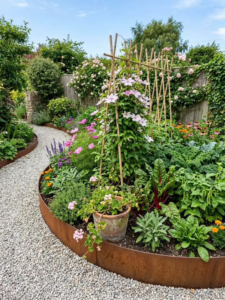 A contemporary circular garden bed bordered with weathered steel edging, filled with a mix of vegetables and flowering plants.