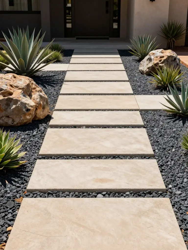 A contemporary side of driveway landscaping design featuring geometric stepping stones set within dark gravel, surrounded by drought-toleran.