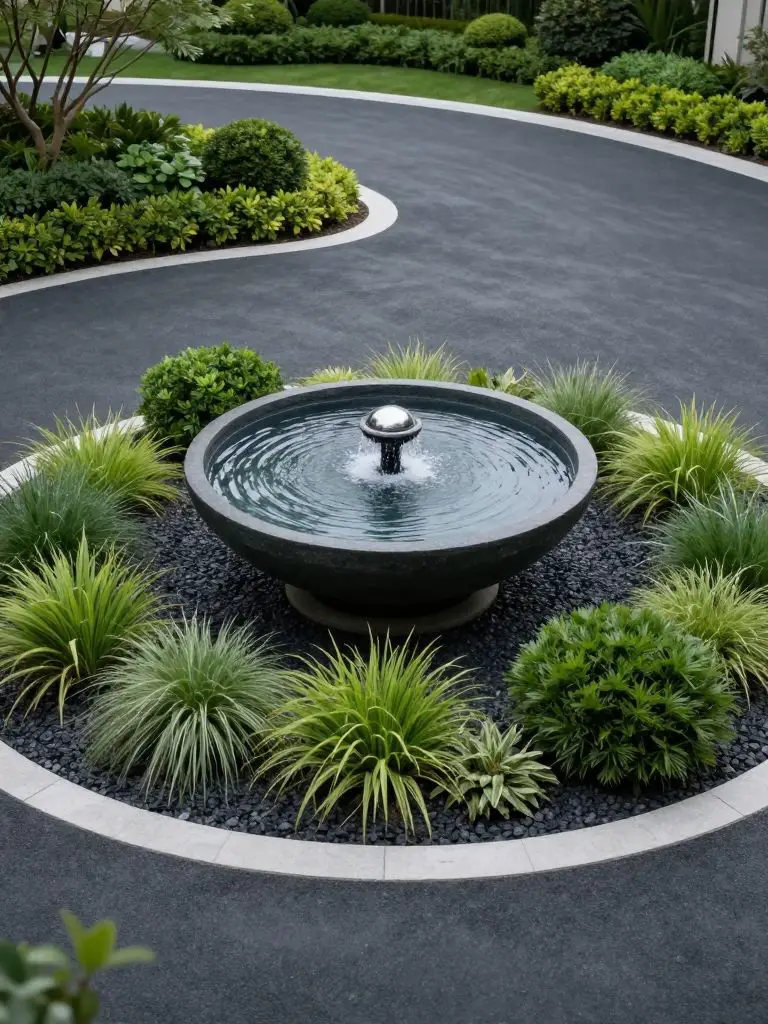 A contemporary circular driveway island featuring a sleek water bowl fountain as the focal point.