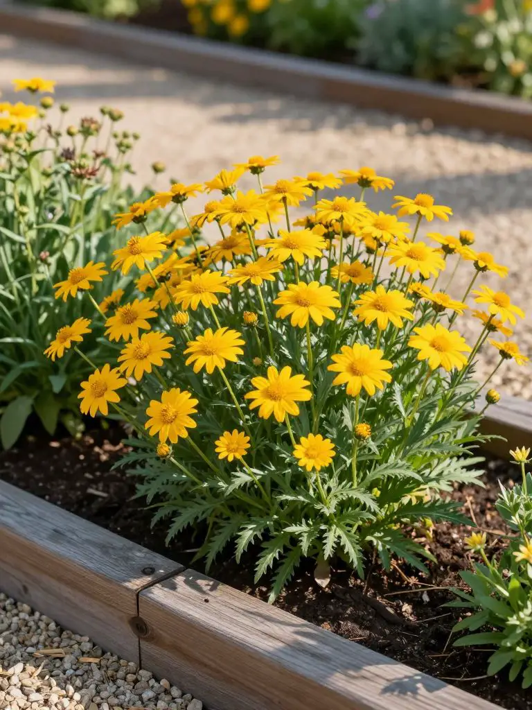 Bold clusters of Coreopsis with golden, daisy-like blooms and slender, serrated foliage create a sunny focal point in a meticulously maintai.