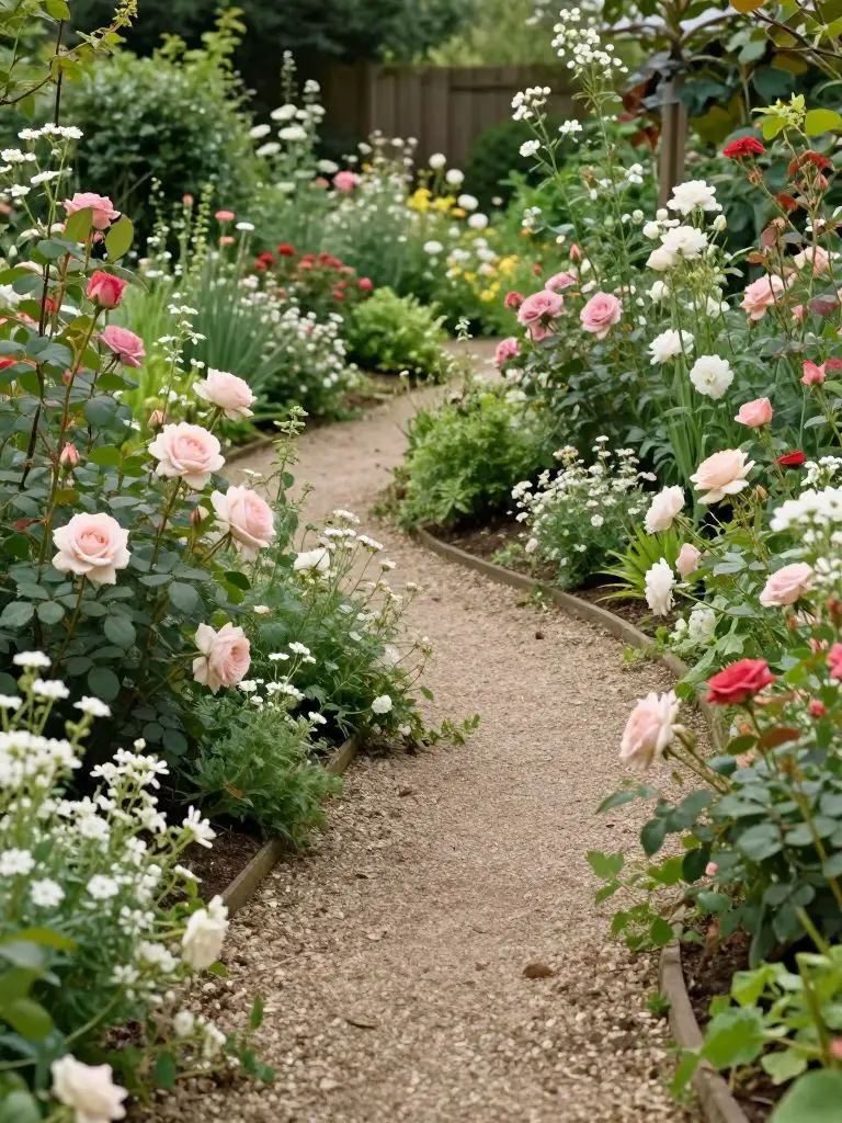 A cottage garden flower bed featuring a winding pathway surrounded by dense flowering plants in a romantic, slightly wild arrangement.