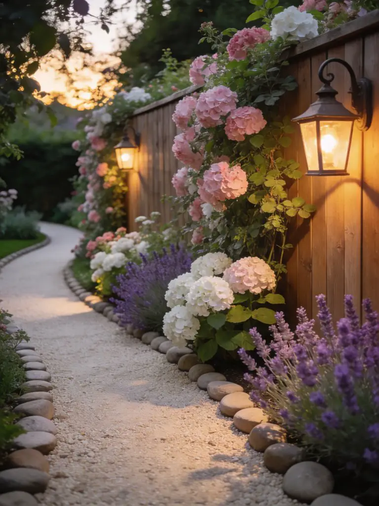 A charming cottage-style gravel path running alongside a wooden fence, designed with a romantic garden aesthetic.
