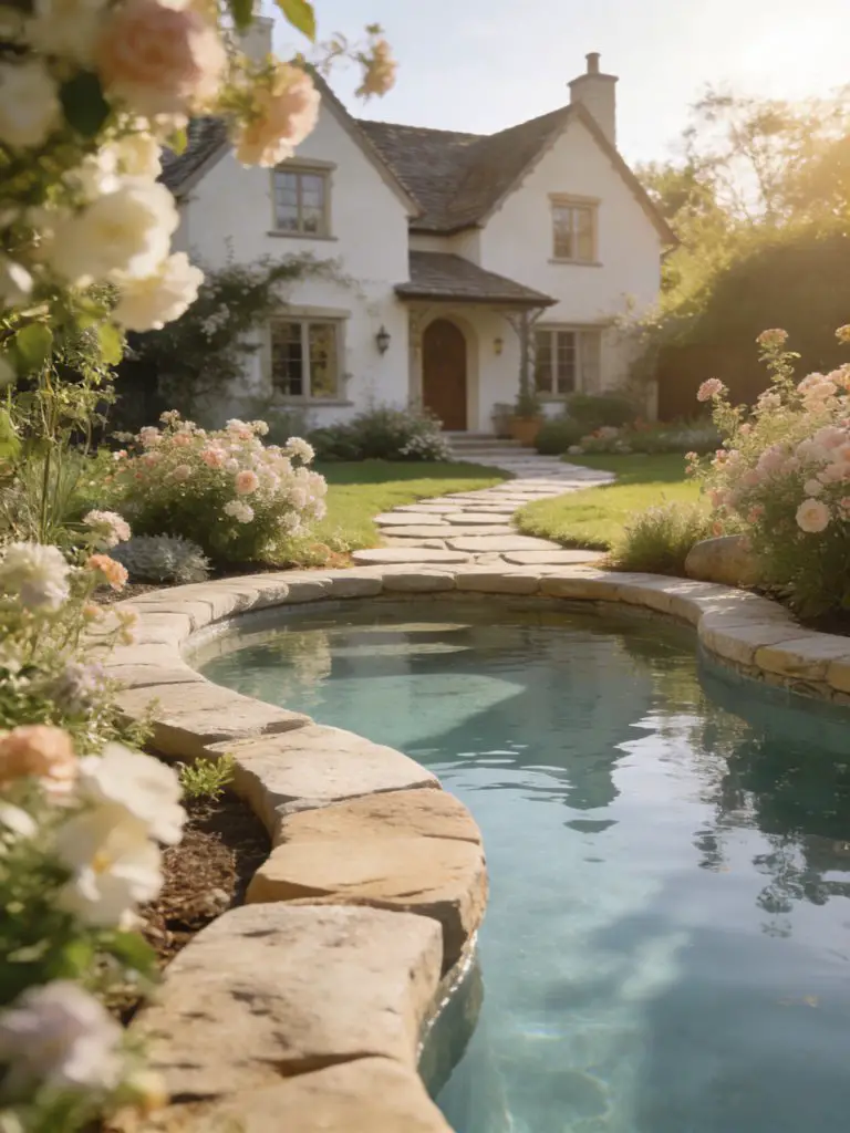 A charming cottage-style backyard pond pool with curved stone edges and a picturesque home in the background.